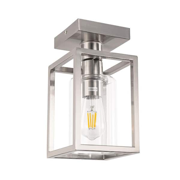 Emeritpro 6 in. Nickel 1-Light Cage Semi Flush Mount Ceiling Light with Glass Shade for Living Room Hallway