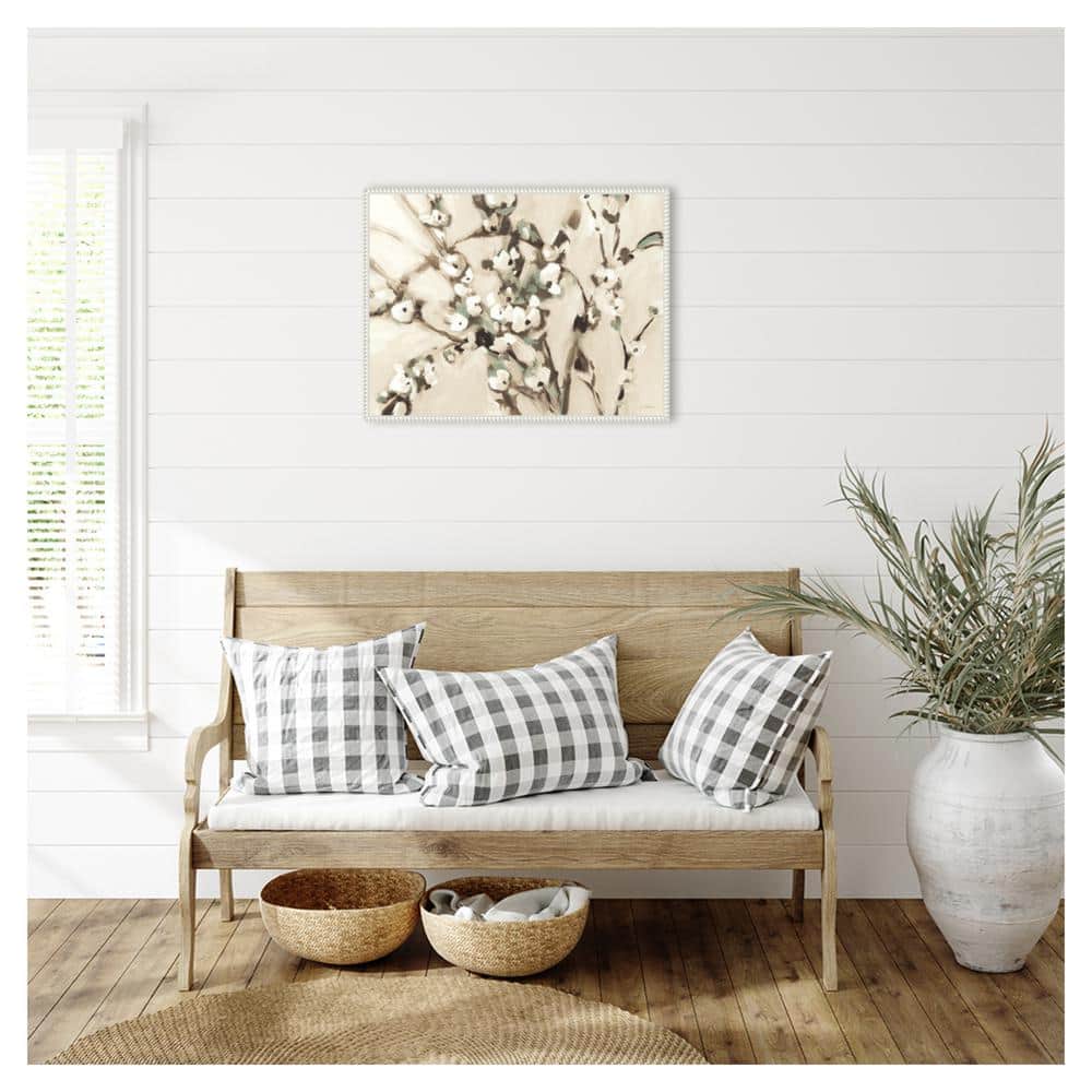 Wild Floral Branches Neutral Canvas Wall Art with White Frame
