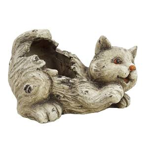 5 in. W Playful Cat Resin Planter with Drainage Hole, Gray, Polyresin