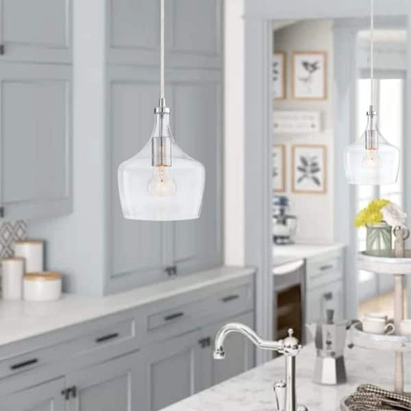 1-Light Kitchen Island Teardrop Clear Glass Pendant with Brushed Nickel Finish