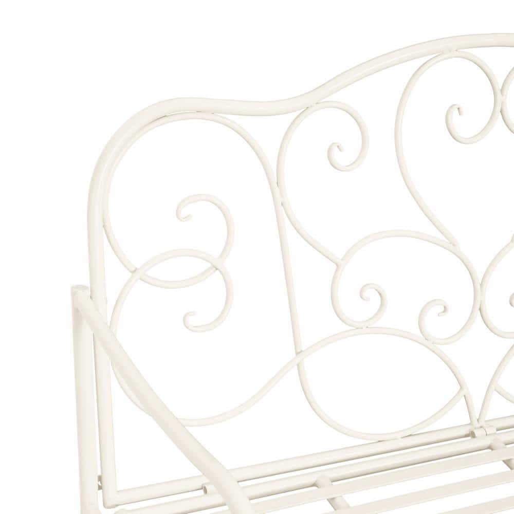 Matte White Iron Outdoor Garden Bench with Floral Design, 41"