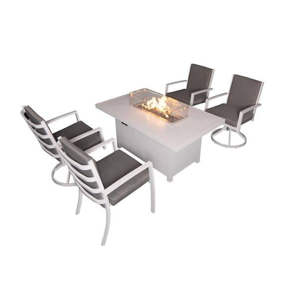 PATIOPTION Patio Dining Set 5-Piece Aluminum Outdoor Dining Set with Gray Cushion and White Fire Pit Table - 2 Armchairplus2 Swivel