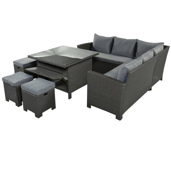 Unbranded 8-Piece Wicker Patio Conversation Sectional Set with CushionGuard Gray Cushions