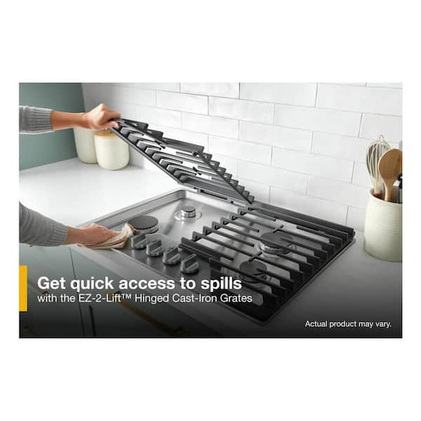 Whirlpool 36 Inch Gas Cooktop with EZ 2 Lift Hinged Cast Iron Grates White WCGK5036PW