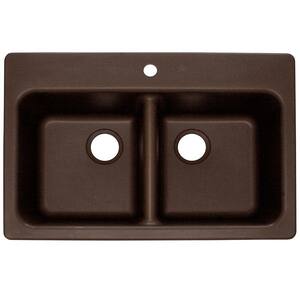 Dual Mount Composite Granite 33.in 1-Hole Double Bowl Kitchen Sink in Mocha