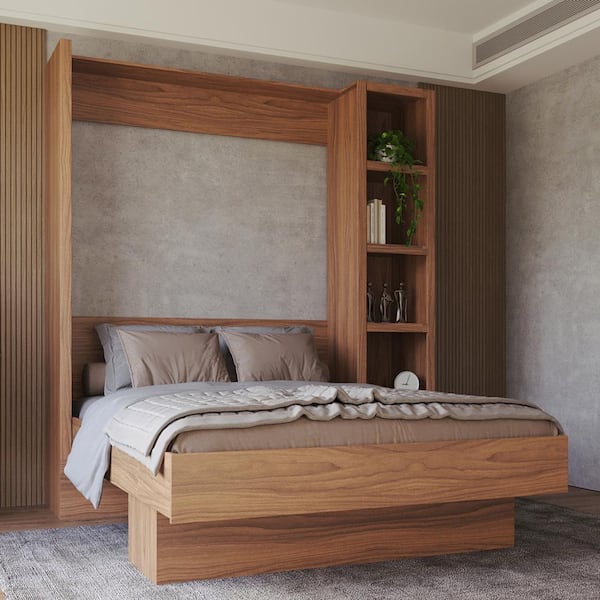 Easy-Lift Brown Wood Frame Queen Murphy Bed with Bookshelf