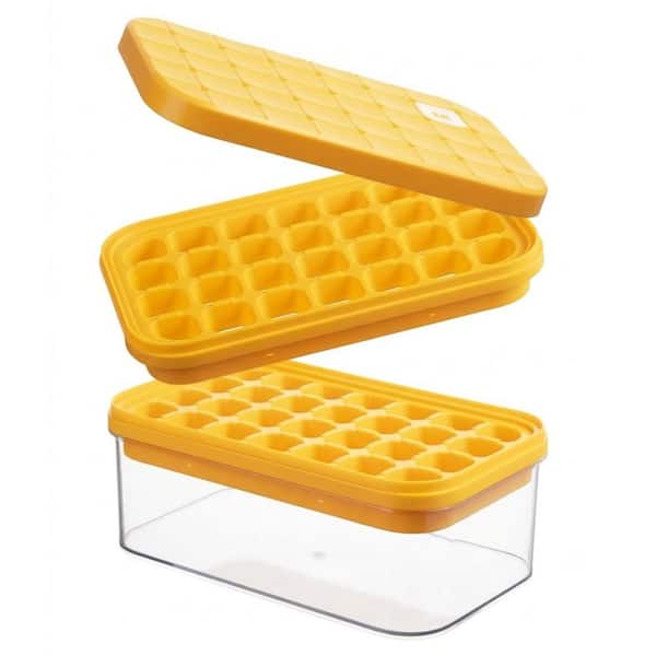 Orange 56-Cube Ice Mold Ice Cube Tray with Lid and Bin Stackable Easy Release Silicone for Kitchen Drinks