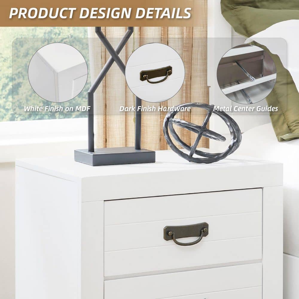 White Transitional 2-Drawer Nightstand with Metal Handles