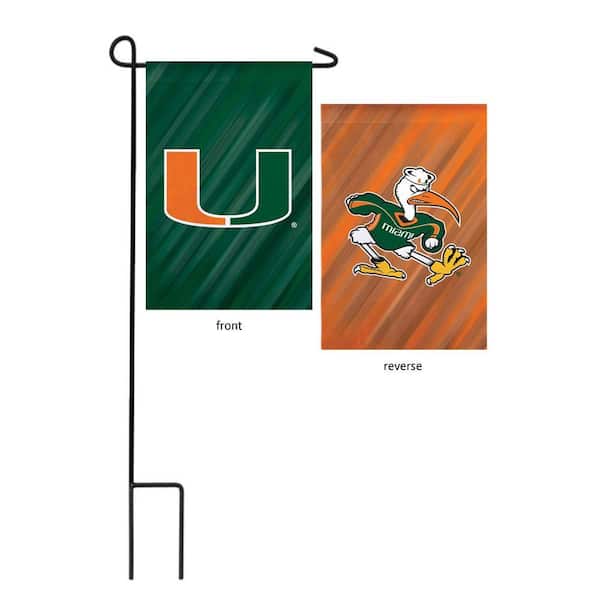Fan Essentials 1 ft. x 1-1/2 ft. University of Miami 2-Sided Garden Flag with 3-2/3 ft. Metal Flagpole