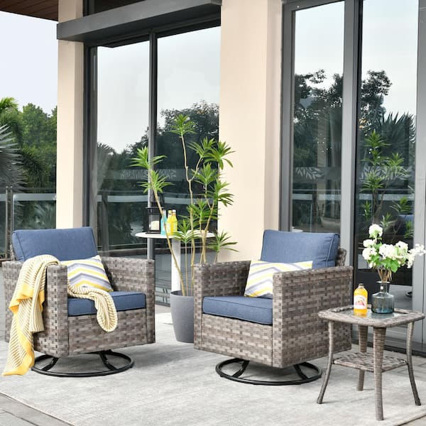 HOOOWOOO Tahoe Grey 3-Piece Wicker Outdoor Patio Conversation Swivel Rocking Chair Set with a Side Table and Denim Blue Cushions