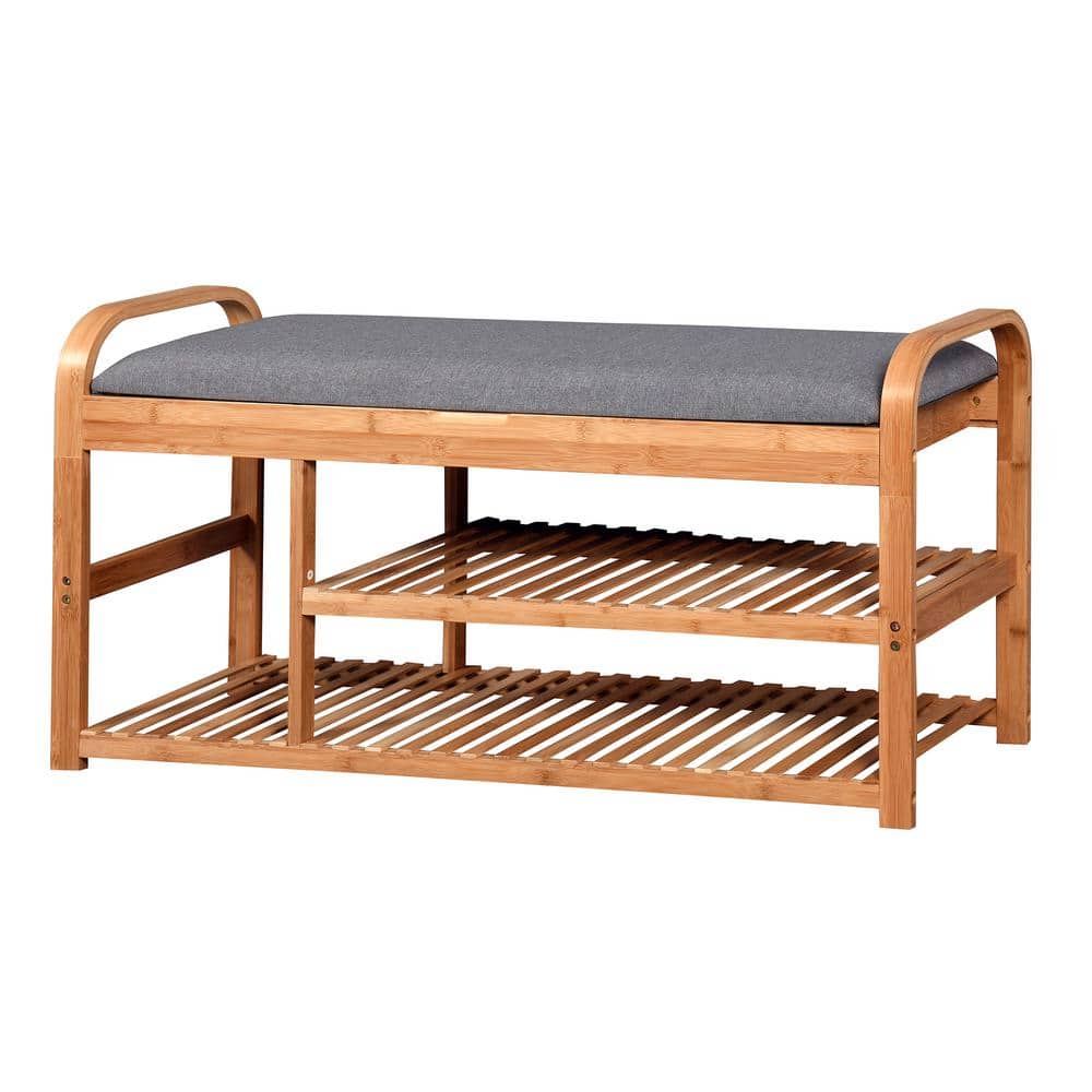 Living Room Bamboo Storage Bench, Entryway 3 Shelves Bench with Flip Storag