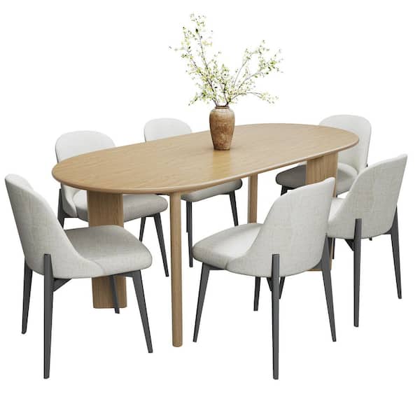 7-Pieces Natural Oval Wood Top 4-Leg Dining Table Set 6 Seats with Wood Frame, Upholstered Ergonomic Dining Chair