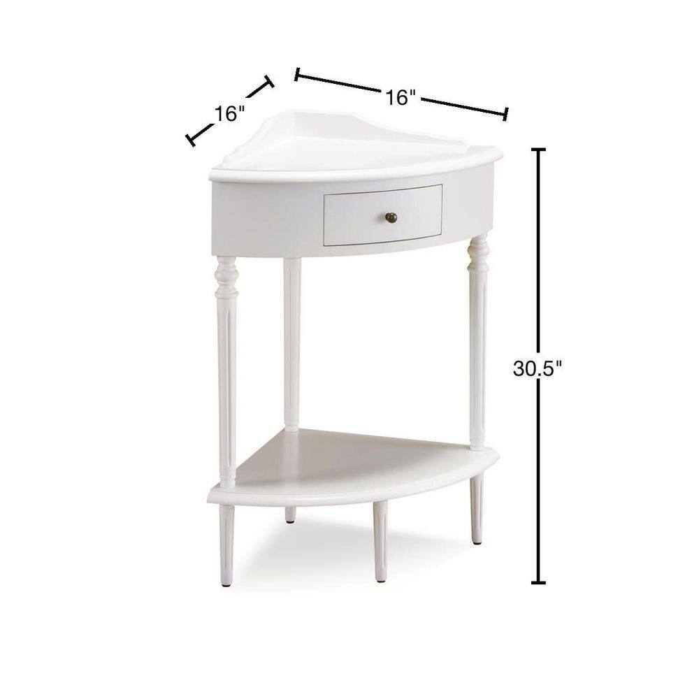 White Triangular Solid Wood Corner Table with Storage Drawer