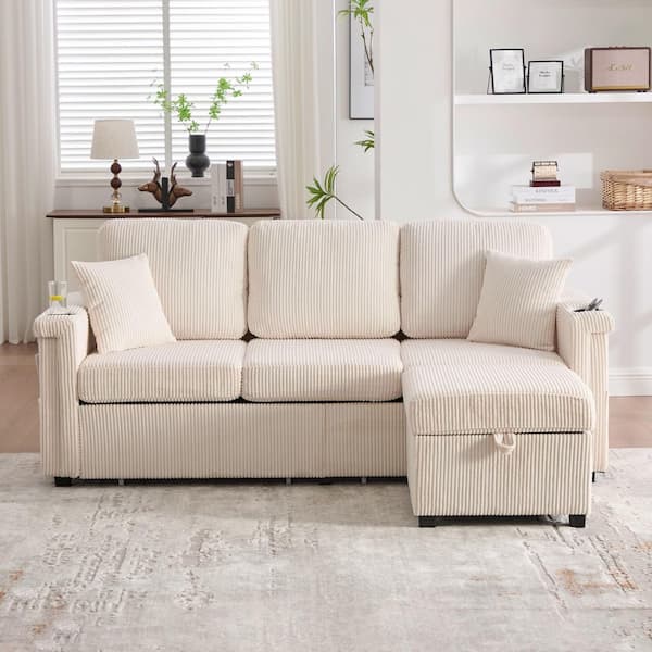 Elena 76.38 in. Corduroy L-Shaped Sectional Sofa in. Beige with Pull-Out Storage, Ottoman, USB Charging, Cup Holder