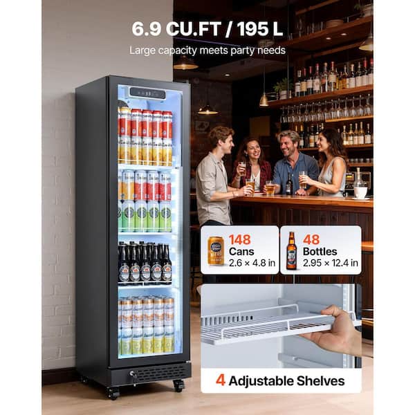 Commercial Merchandiser Refrigerator 6.9 cu. ft. Glass Door 4-Shelves LED Light and Caters Upright Beverage Cooler Black