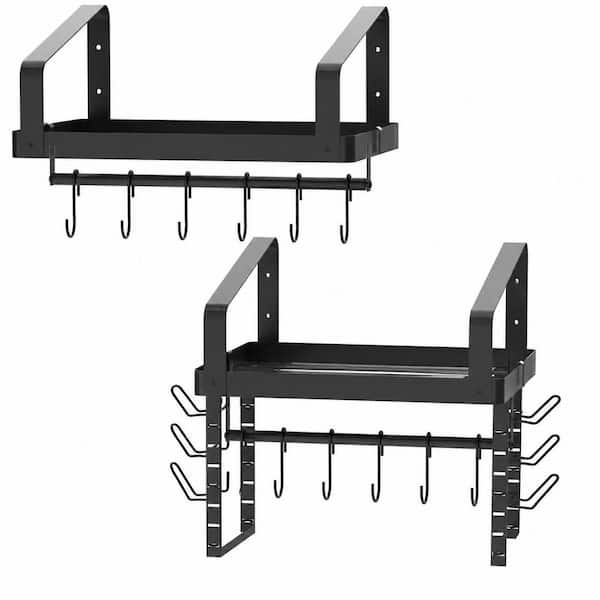 Wall Mounted Pot Rack Set of 2 with 12 Hooks, Towel Bar, and Pot Lid Organizer for Kitchen Cookware