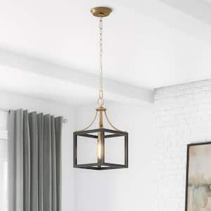Boswell Quarter 9-1/4 in. 1-Light Vintage Brass Coastal Mini-Pendant with Painted Black Distressed Wood Accents