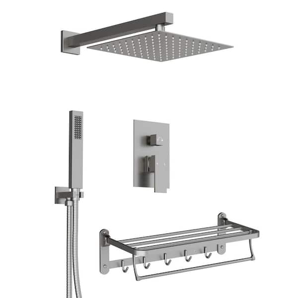 YAWWALK Double Handle 3-Spray 10 in. Wall Mount 1.8 GPM Tub and Shower Faucet with Tower Rack in Brushed Nickel Valve Included
