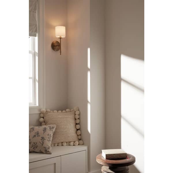 Ali 1-Light Brushed Natural Brass Hallway Wall Sconce Light with White Fabric Shade
