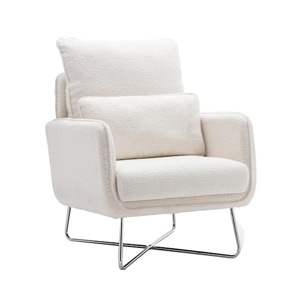 Polibi 28.3 in. W White Modern Comfy Leisure Teddy Short Plush Particle Velvet Armchair with Lumbar Pillow