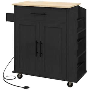 Rolling Black Wood Top 30 in. Kitchen Island with Outlets, USB Ports and Adjustable Shelf