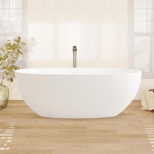 WELLFOR 61 in. x 30 in. Solid Surface Flatbottom Soaking Bathtub with Center Drain in White