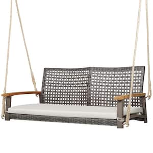 Rattan Patio Porch Swing 2-Person Cushioned Swing Chair Bench w/Hanging Ropes Off White