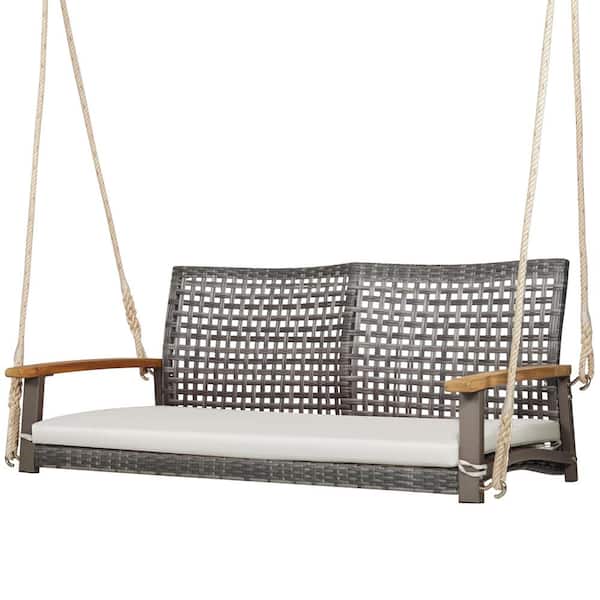 Gymax Rattan Patio Porch Swing 2-Person Cushioned Swing Chair Bench w/Hanging Ropes Off White