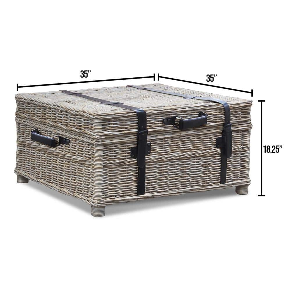 Gray Wicker Rectangular Coffee Table Trunk with Leather Accents