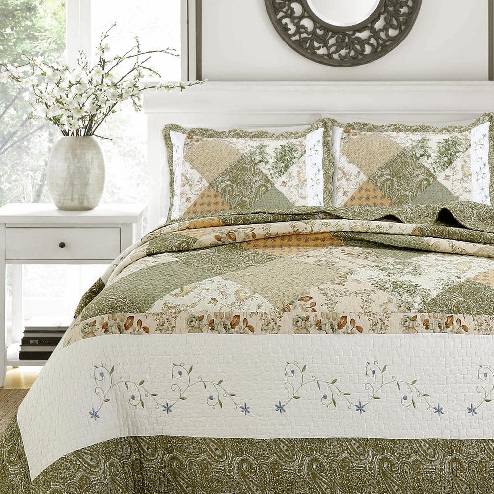 Olive Green and Beige Cotton Twin Reversible Quilt Set