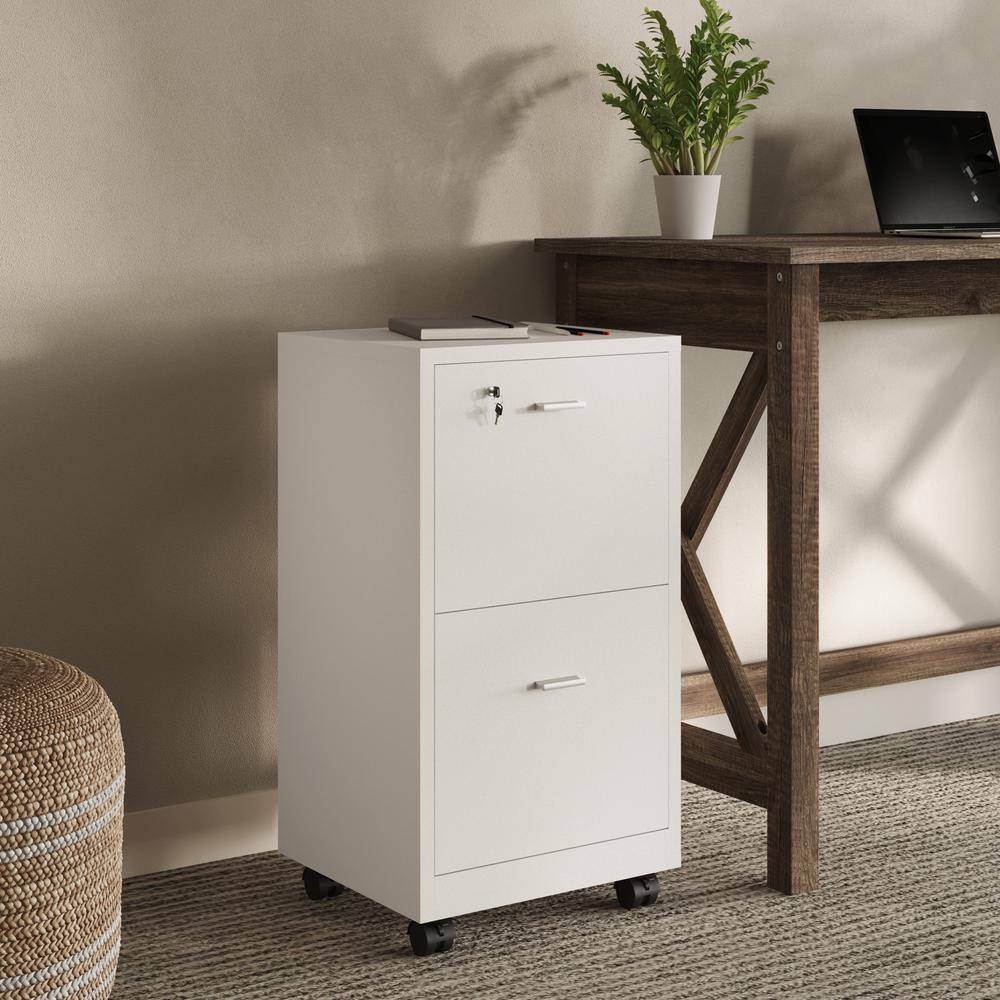 White Mobile 2-Drawer Lockable File Cabinet with Wheels