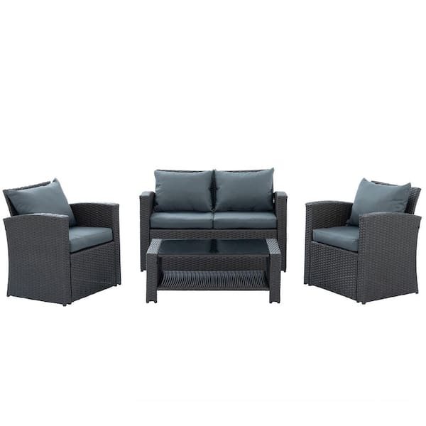 Tunearary Outdoor 4 Piece Brown PE Wicker Conversation Set Furniture Set with Tempered Glass Table and 4 Gray Cushion Cushion