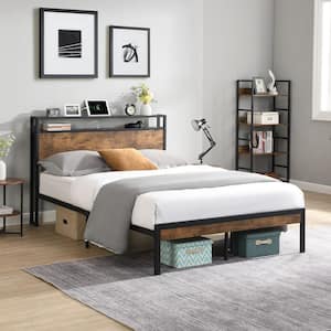 Queen Size Metal Platform Bed Frame with Wooden Headboard, Footboard, USB Liner and Under-Bed Storage