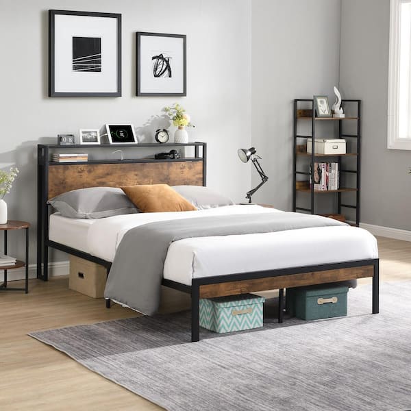 Magic Home Queen Size Metal Platform Bed Frame with Wooden Headboard, Footboard, USB Liner and Under-Bed Storage