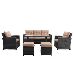 6-Piece Black Wicker Patio Conversation Seating Set with Brown Cushions