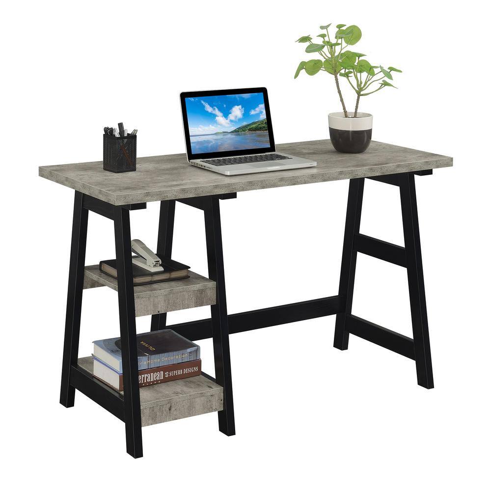 Gray Faux Birch and Black Trestle Desk with Shelves