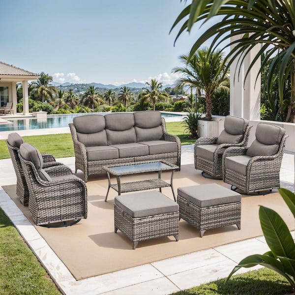 NovaSwivel Gray Wicker Patio Conversation Set Outdoor Seating Swivel Chair Set with 6 in. Thicked Gray Cushions