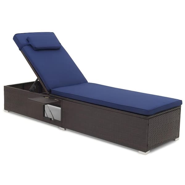 Clihome 1-Piece Wicker PE Rattan Outdoor Chaise Lounge with 6-Level Backrest and Navy Cushions