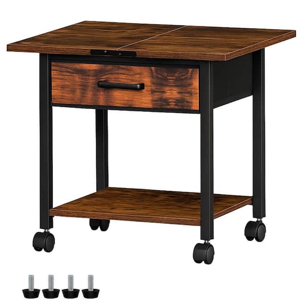 Unbranded 2-Tier Industrial Mobile Printer Stand with Drawer and Storage Shelf Steel Frame Lockable Wheels Brown