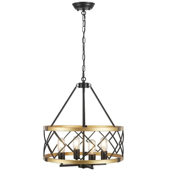 4-Light Black and Gold Farmhouse Chandeliers Drum Chandelier with Metal Shade for Dining Rooms