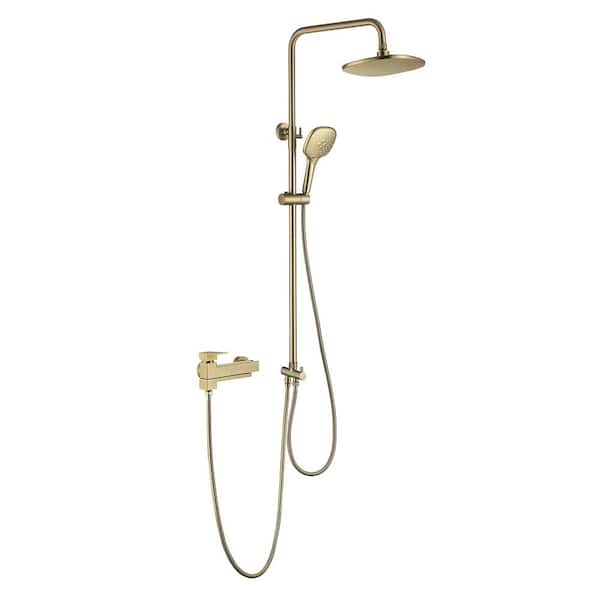 Single Handle 3-Spray Exposed Tub and Shower Faucet 1.8 GPM Wall Mount Shower System Set in. Brushed Gold Valve Included