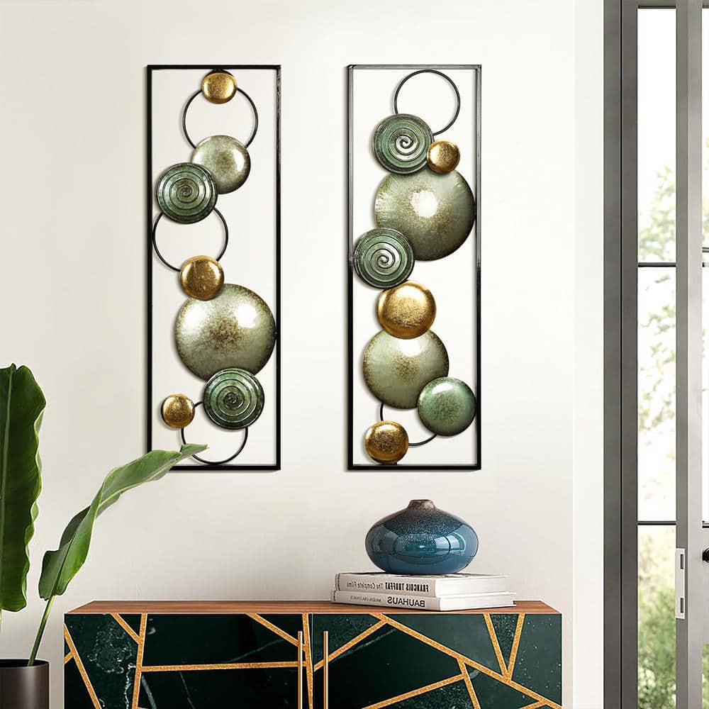 Green and Gold Metal Circles Wall Sculpture Set