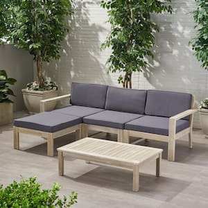 Santa Ana Light Grey 5-Piece Faux Rattan Outdoor Patio Conversation Sectional Seating Set with Dark Grey Cushions