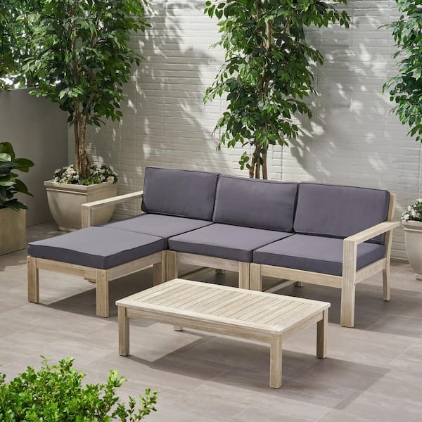 Noble House Santa Ana Light Grey 5-Piece Faux Rattan Outdoor Patio Conversation Sectional Seating Set with Dark Grey Cushions