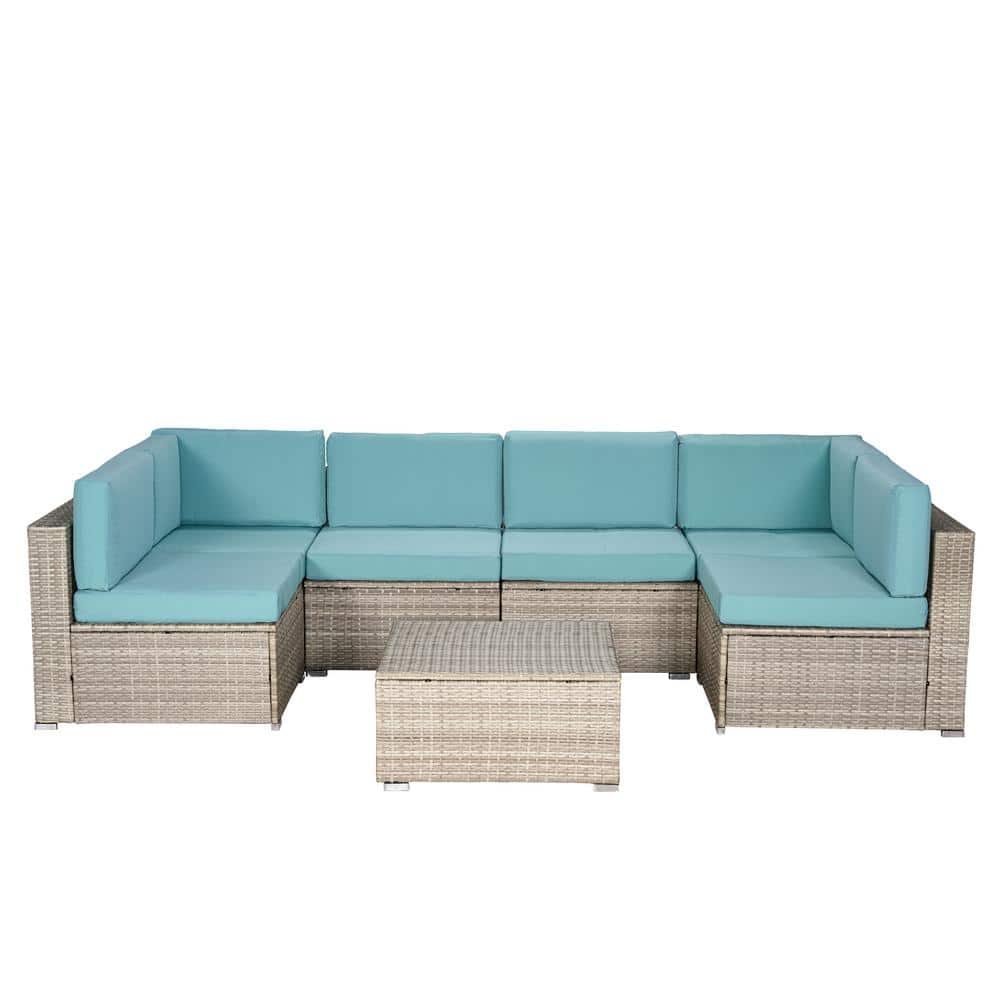 Natural 7-Piece Wicker Outdoor Sectional Patio Conversation Set with Teal B