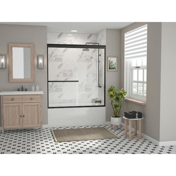 Coastal Shower Doors Paragon 3/16B Series 64 in. x 57 in. Semi-Frameless Sliding Tub Door with Towel Bar in Matte Black and Clear Glass