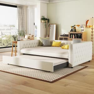 White Wood Frame Full Size Technical Fabric Upholstered Daybed with Twin Size Trundle, Button & Copper Nail