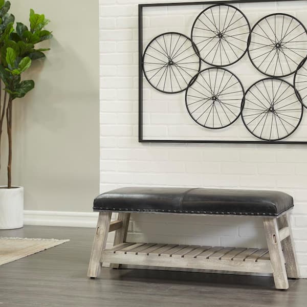 Litton Lane Black Bench with Lower Shelf 19 in. X 42 in. X 17 in.