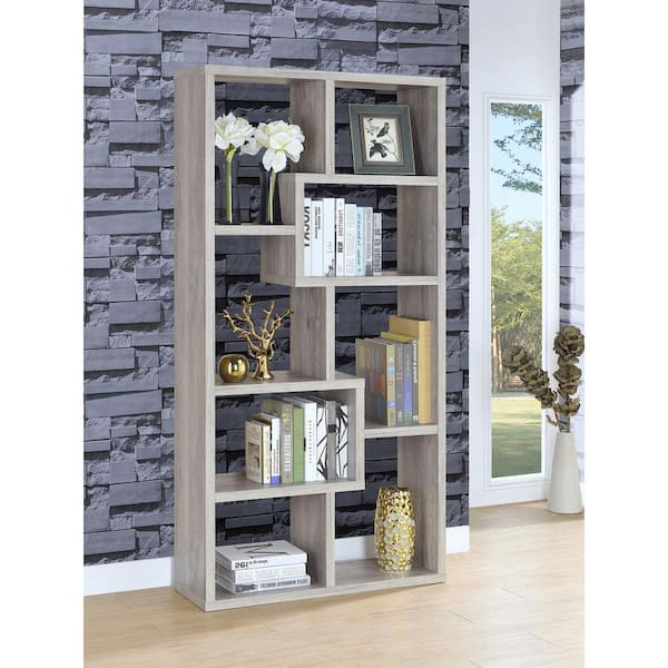 Coaster 70.75in Grey Driftwood Wood 10-Shelf Geometric Bookcase