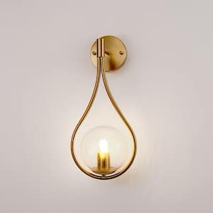 7.87 in. 1-Light Gold Wall Sconce Mid-Century Water Drop Design with Global Seeded Glass Shade for Bedroom Bedsides